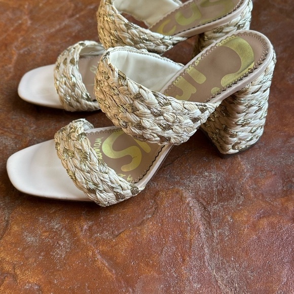 Sam Edelman Circus Cream & Gold Glamorous Woven Block Heeled Sandals Sz 9.5 M - Picture 3 of 8